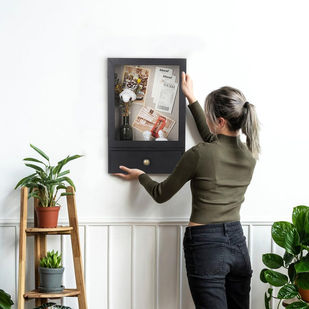 Butizone Shadow Box Frame, 3.2” Deep Shadow Box Display Case with Real Glass and Drawer, Rustic Wood Memory Boxes for Pictures, Flowers, Memorial, Medals, Wedding Bouquet for Wall or Tabletop, Black