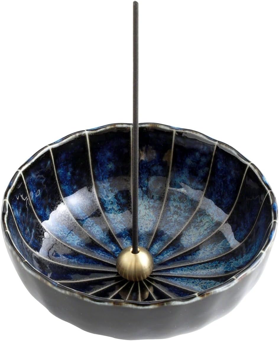 Asayu Japan Lotus Incense Holder for Sticks, Navy Blue Ceramic, 4.1in