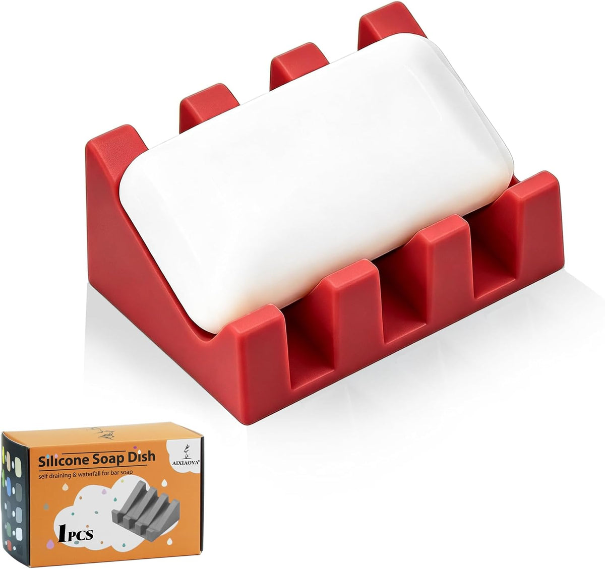 Self Draining Silicone Soap Dish Holder Waterfall Tray, 1 Pack Red