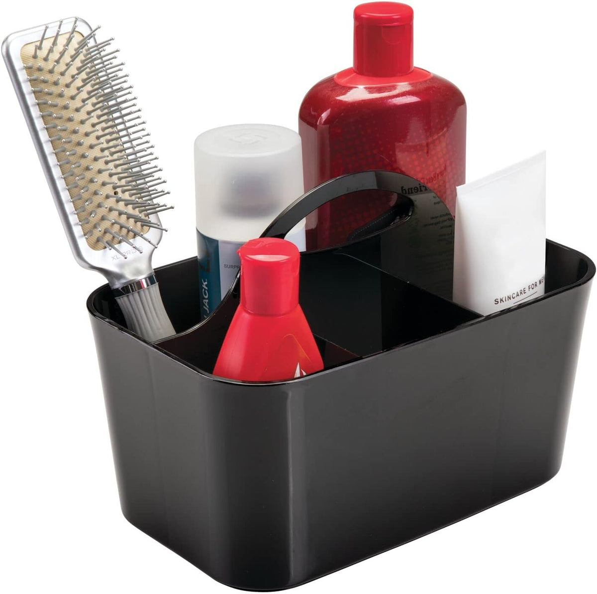 mDesign Small Plastic Shower/Bath Storage Organizer Caddy Tote with Handle for Dorm, Shelf, Cabinet - Hold Soap, Shampoo, Conditioner, Combs, Brushes, Lumiere Collection, Black