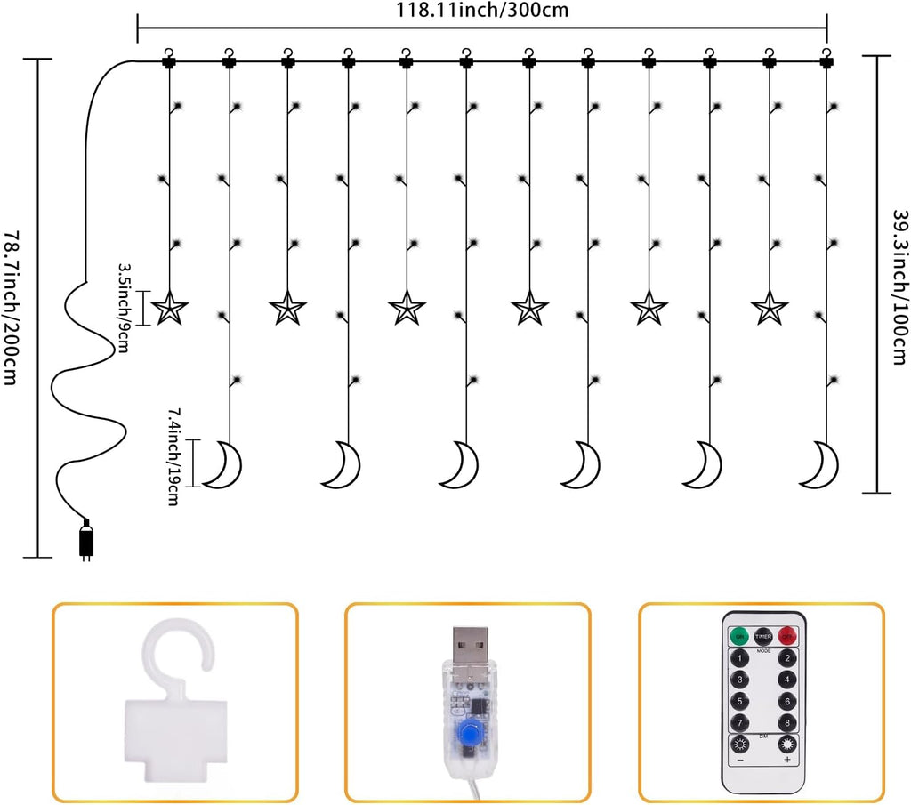 Dazzle Bright Ramadan Curtain String Lights, 138 LED Warm White Star Moon Fairy Lights 8 Lighting Modes with Remote and 12 Hooks for Bedroom Wall, Outdoor Party, Ramadan Decorations