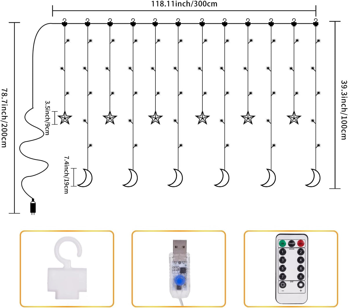 Dazzle Bright Ramadan Curtain String Lights, 138 LED Warm White Star Moon Fairy Lights 8 Lighting Modes with Remote and 12 Hooks for Bedroom Wall, Outdoor Party, Ramadan Decorations