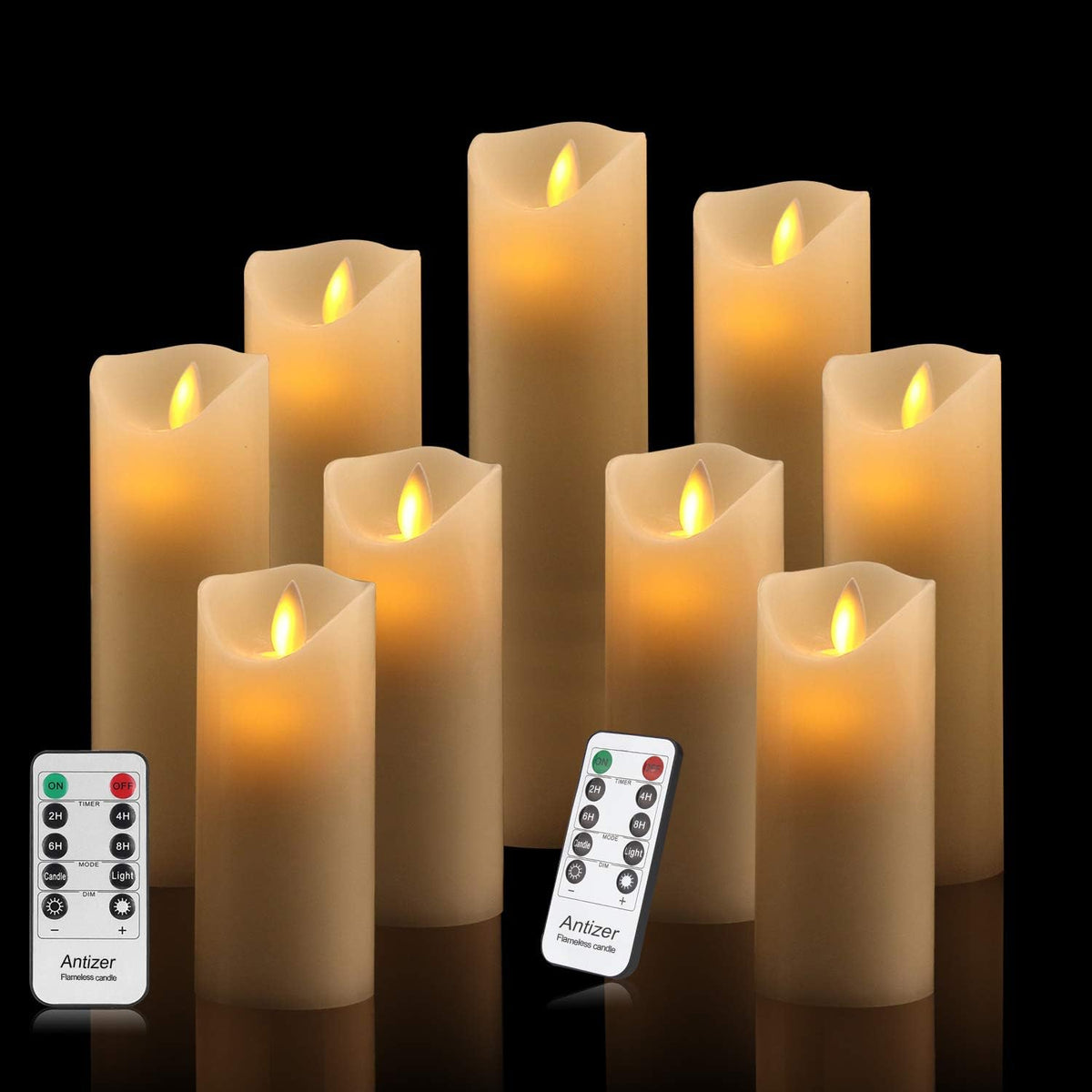 antizer Flameless Candles Set of 9 Ivory Dripless Real Wax Pillars Include Realistic Dancing LED Flames and 10-Key Remote Control with 24-Hour Timer Function 400+ Hours By 2 AA Batteries