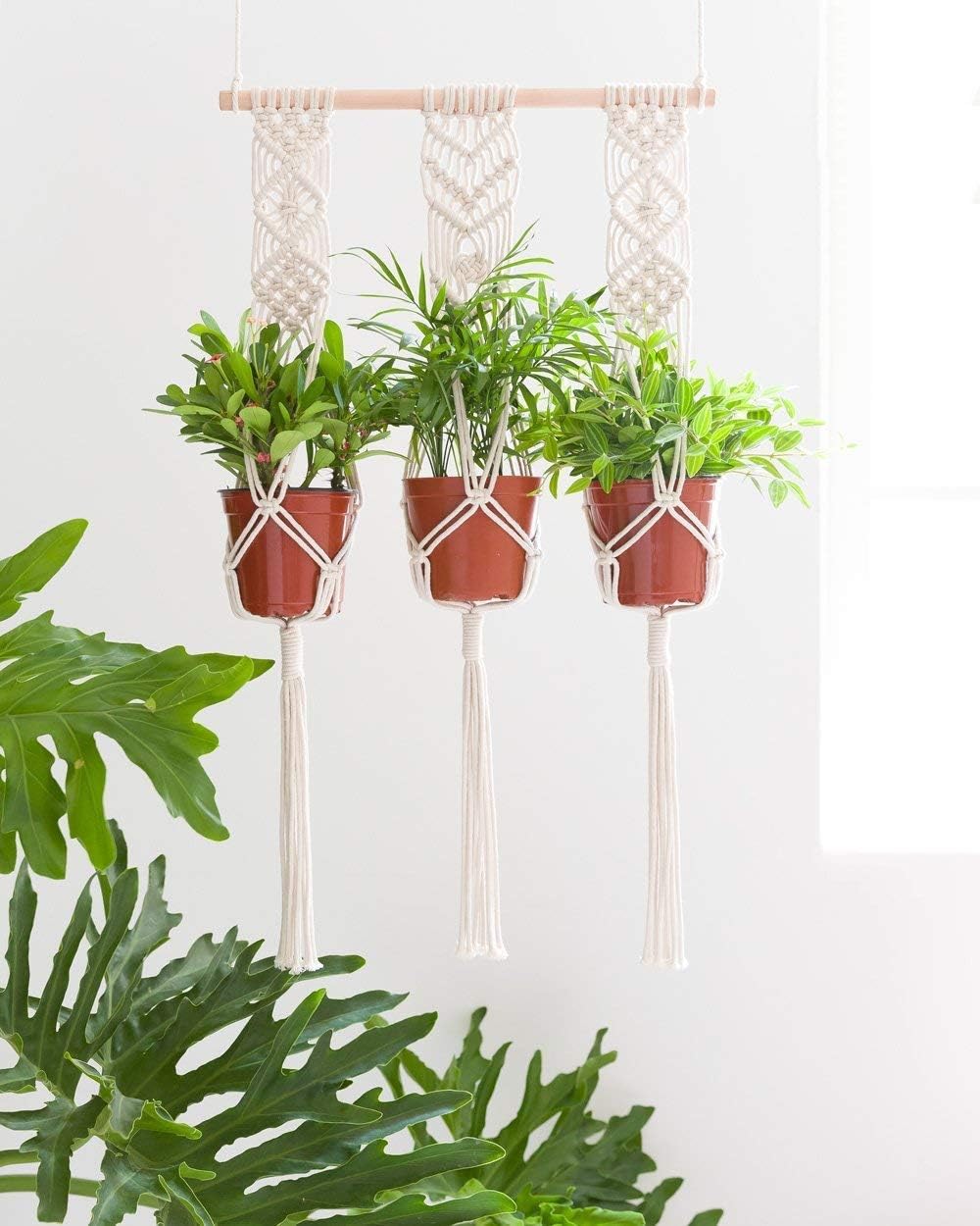 Macrame Plant Hanger with Wooden Dowel Three Tier Wall Hanging Planter Basket for Indoor Outdoor Flower Pot Plant Holder Wall Art Vintage-Inspired Home Boho Decor, Cotton Rope 4 Legs 41 inch