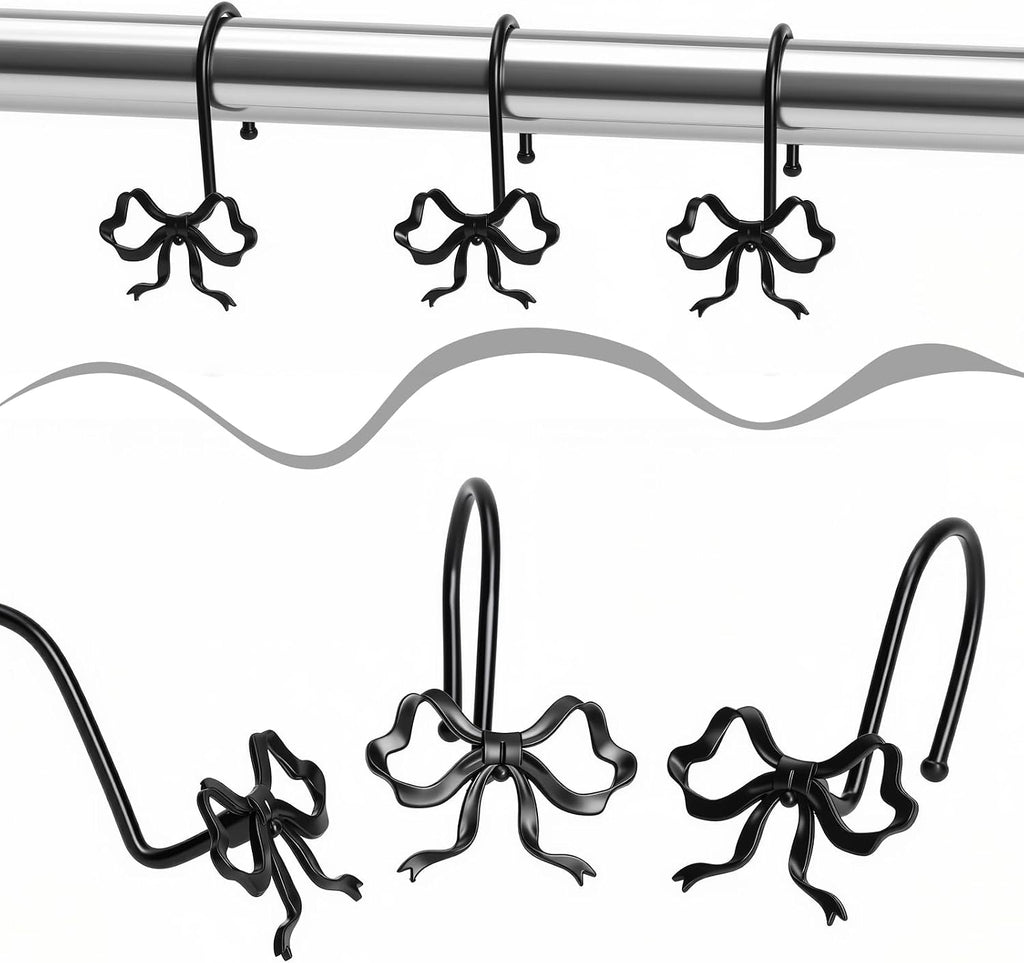 Black Bow Shower Curtain Hooks, 12 Pcs Metal Black Shower Curtain Hooks for Bathroom Decor, Cute and Rust-Proof, Suitable for Standard Showers Curtains Rods