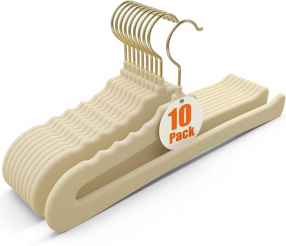Flottian 10 Pack Velvet Pants Hangers - Open Ended Non-Slip Heavy Duty Closet Organizers with 360° Swivel Hook, Space-Saving Felt Hangers for Pants, Jeans, Dresses & Towels, Beige