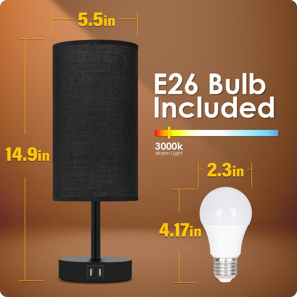 Yarra-Decor Bedside Lamps with USB Port - Touch Control Table Lamp for Bedroom 3 Way Dimmable Nightstand Lamp Set of 2 with Round Black Fabric Shade for Living Room, Dorm, Home Office (Black, 2 Pack)