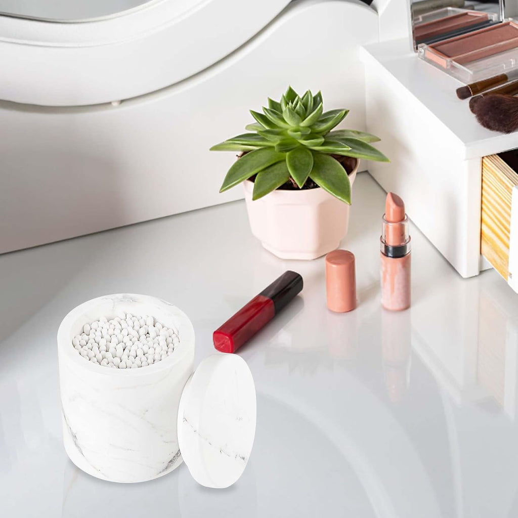 Natural Marble Canister, Qtip Holder With Lid For Cotton Swabs