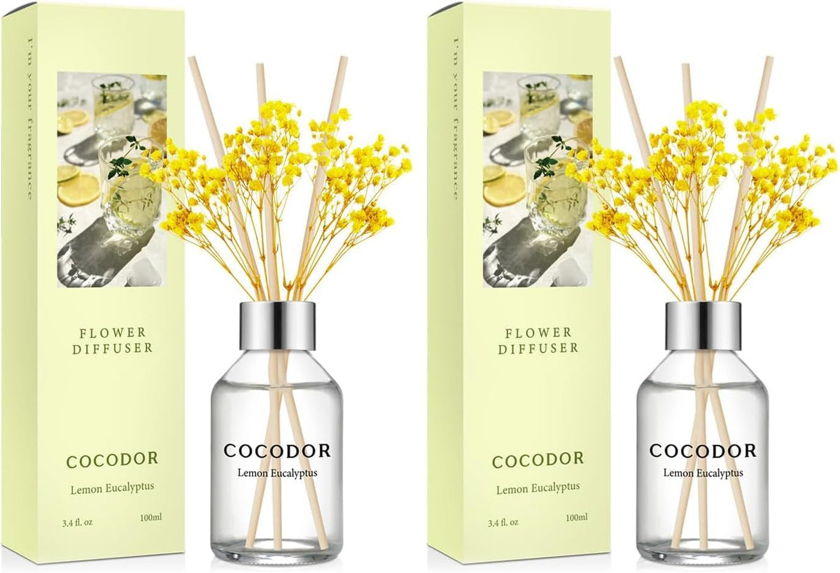 COCODOR Flower Reed Diffuser Set / 3.4oz / Lemon Eucalyptus/Scent Diffuser with Sticks Home Fragrance Reed Diffuser for Bathroom Shelf Decor (Pack of 2)