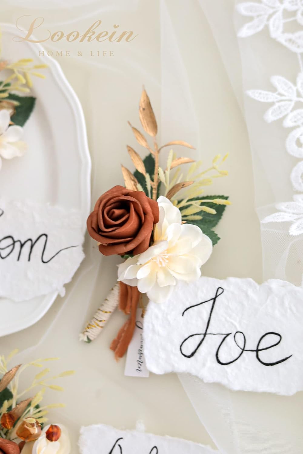 Lookein Set of 2 Terracotta Wedding Boutonniere for Men Artificial Flowers Wedding Groom Groomsmen Boutonniere for Wedding Ceremony Anniversary Formal Dinner Party