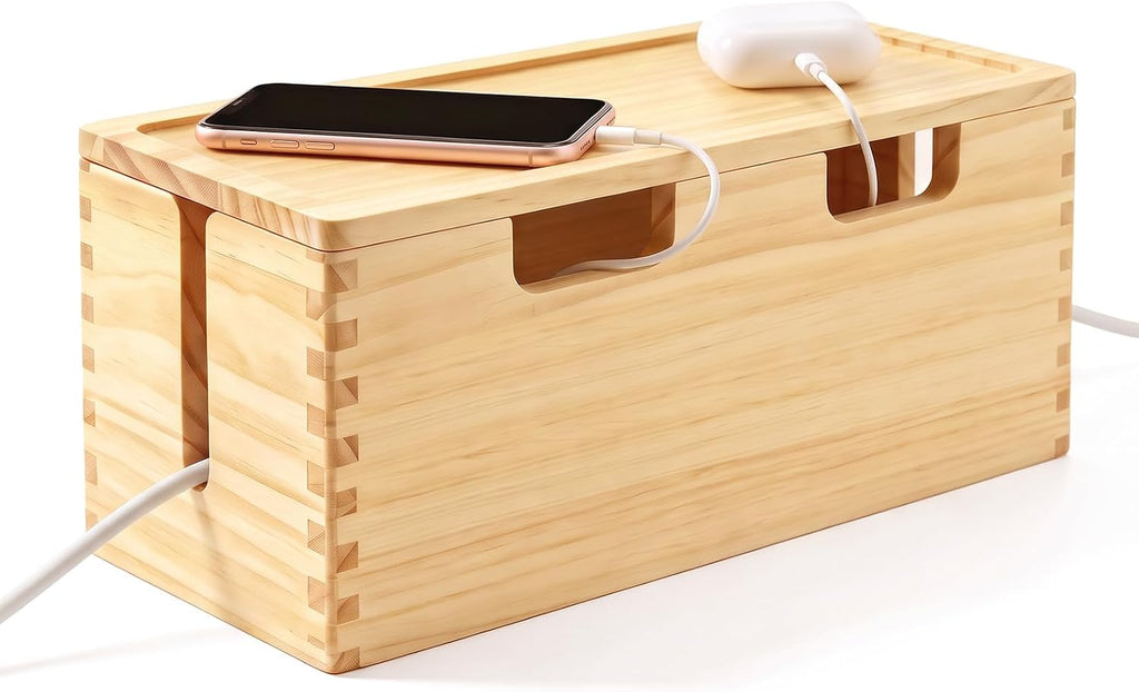 Large Wooden Cable Management Box with Magnetic Lid – Solid Wood Cord Organizer for Power Strip & Bulky Adapters, Tall Concealer for Desk & TV, Farmhouse Style Wire Hider Cover