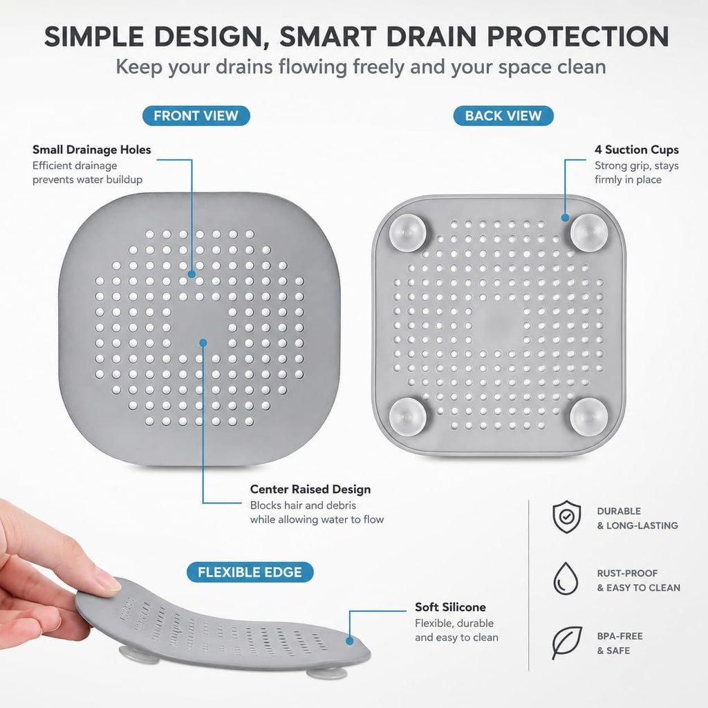 Hair Drain Catcher Set, Square Shower Cover 4-Pack (Grey) | Silicone Hair Stopper with Strong Suction Cups, Bathroom and Sink Protector Accessories, Simple Installation for Tub and Basin