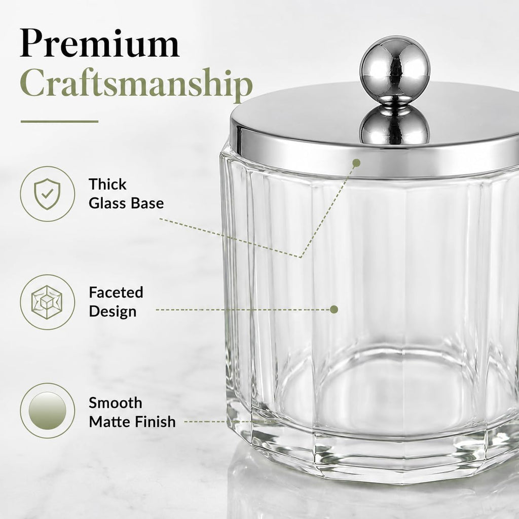 Clear Transparent Apothecary Octagional Shaped Glass Canister Jar With Silver/Chrome Metal Lid Cover for Bathroom Organization, Cotton Balls, Q Tips, and Small Accessories, Bath Storage