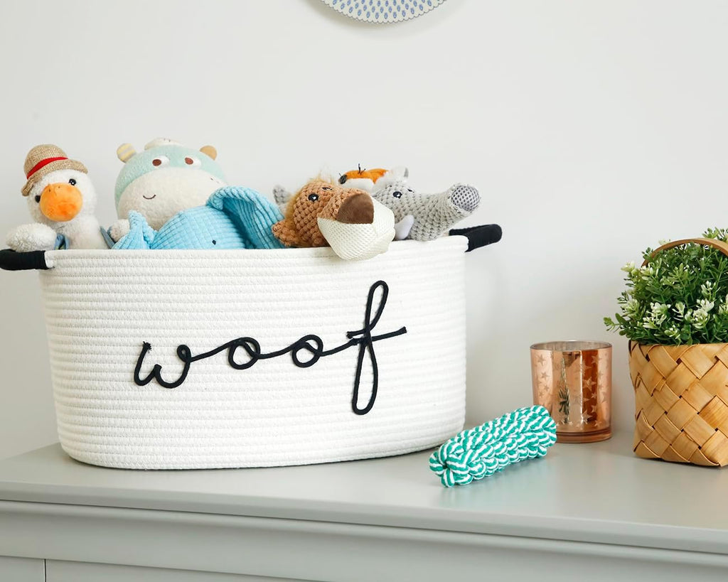 Woof Dog Toy Basket Woven Pet Baskets Storage Bin Box with Durable Handles, Pet Supplies Puppy Bins Perfect for Organizing Dog Toys Blankets and Accessories