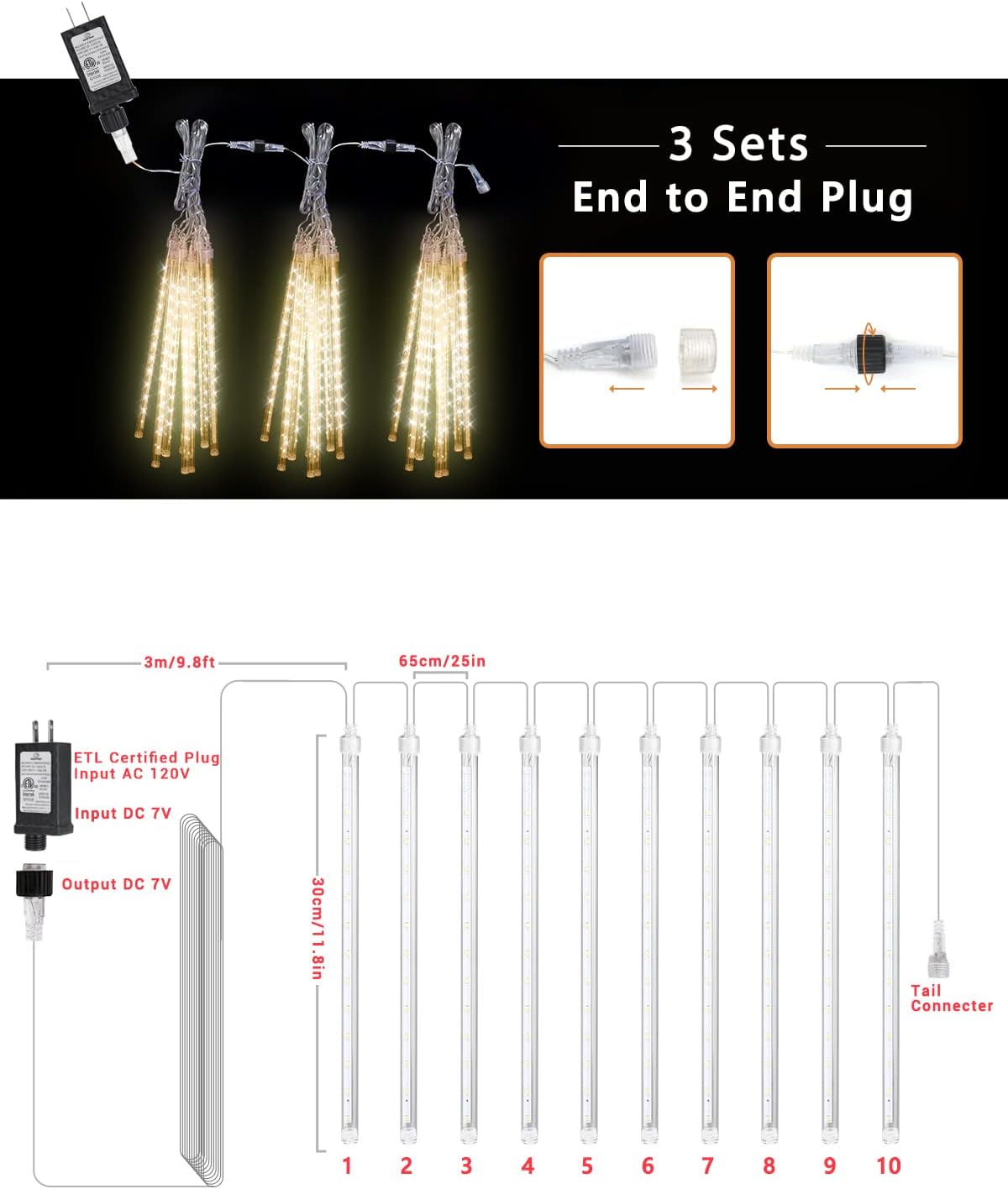 Christmas Lights 10 Tubes Warm White Meteor Shower Icicle Lights 240 LED
