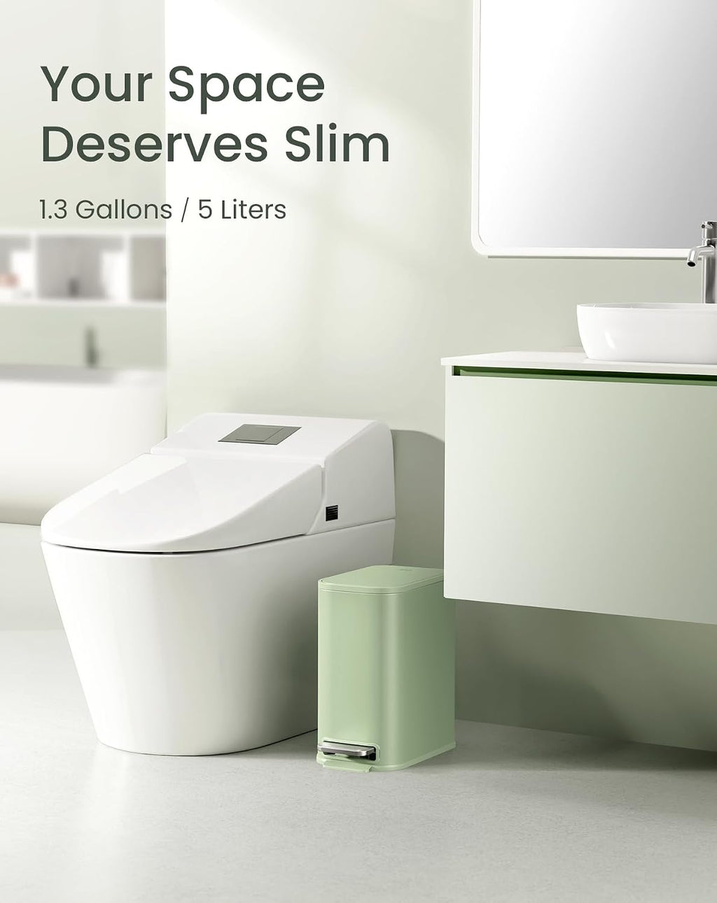 Cesun Small Bathroom Trash Can with Lid Soft Close & Pedal, 1.3 Gal, Green