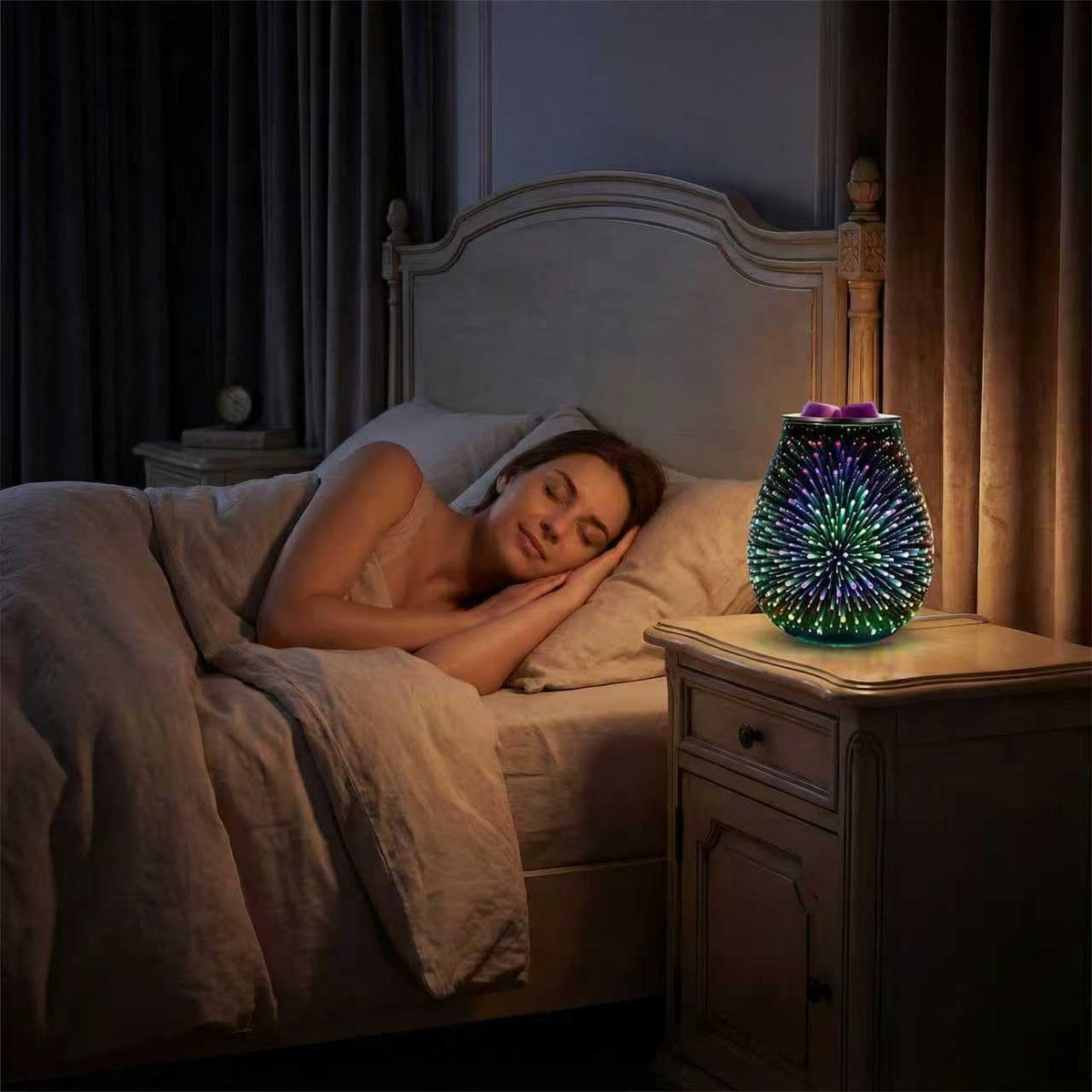 Inrorans Glass Electric Wax Melt Warmer Oil Burner with Stable Heating PTC Reusable Silicone Tray 7 Colorful Changing Led Light Night Light Scent Warmer for Home Fragrance Warmers-Fireworks Timer