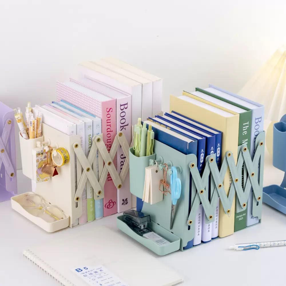 Adjustable Metal Bookends Heavy Duty for Shelves, 2 Dividers, Side Organzier, Anti-Slip Design Expandable Book Ends for Desk, Office(Green, 18 inches Max)
