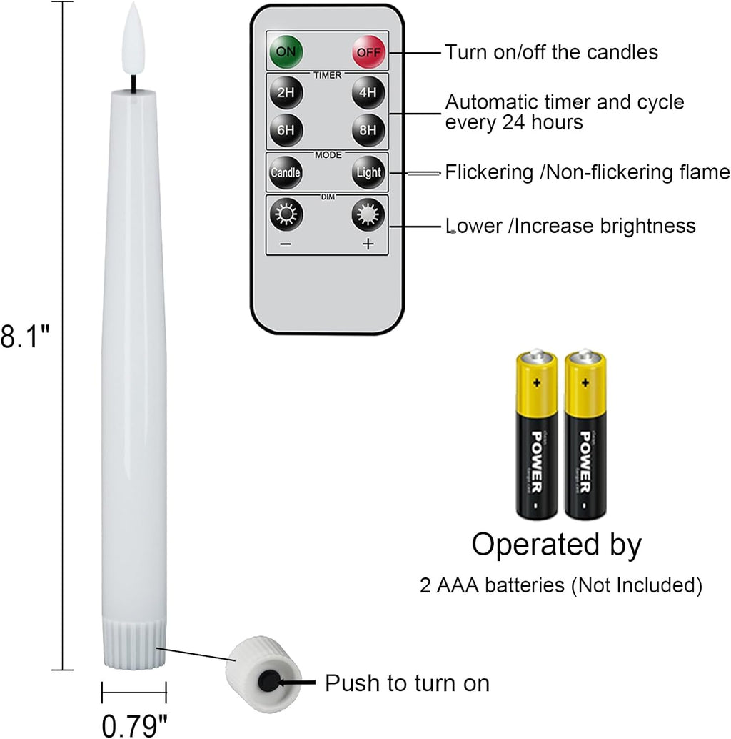Flameless Taper LED Candles Battery Operated with Remote Timer, White