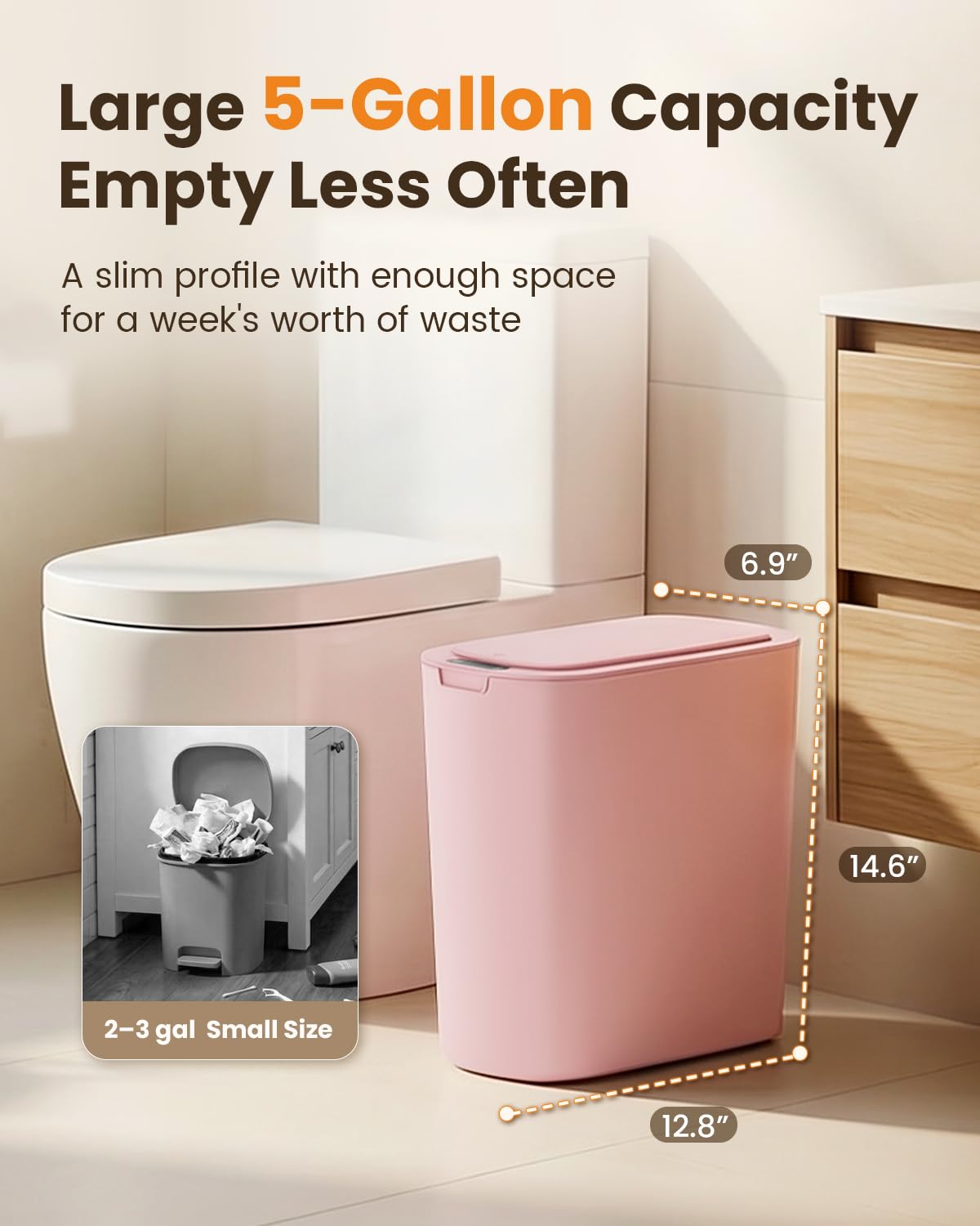 Cesun 5 Gallon Automatic Bathroom Trash Can with Lid, Pink, Touchless