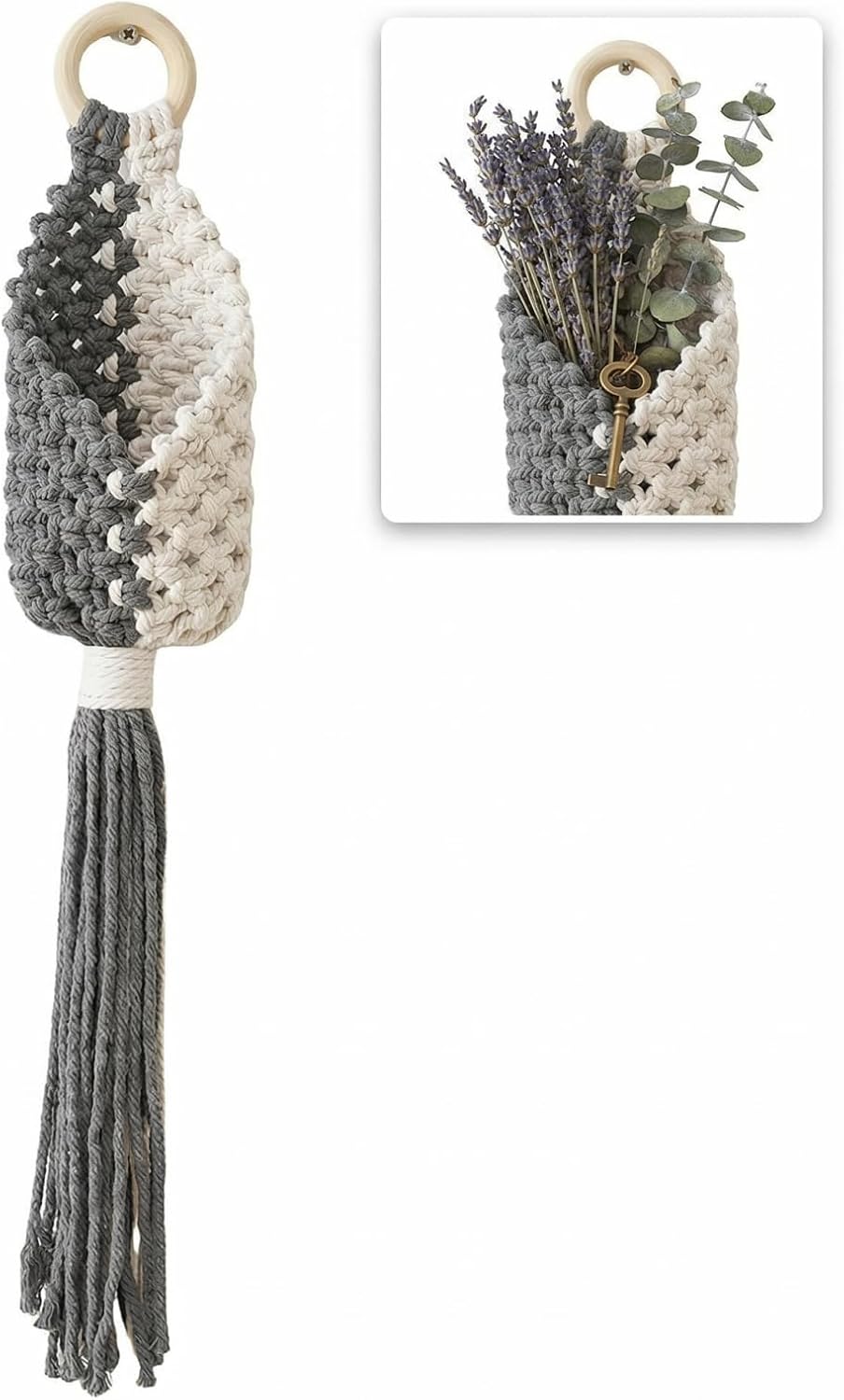 7.9 Inch Macrame Air Plant Hanger - Wall Hanging Planter, Succulent Display Rack - Grey and Off-White Cotton