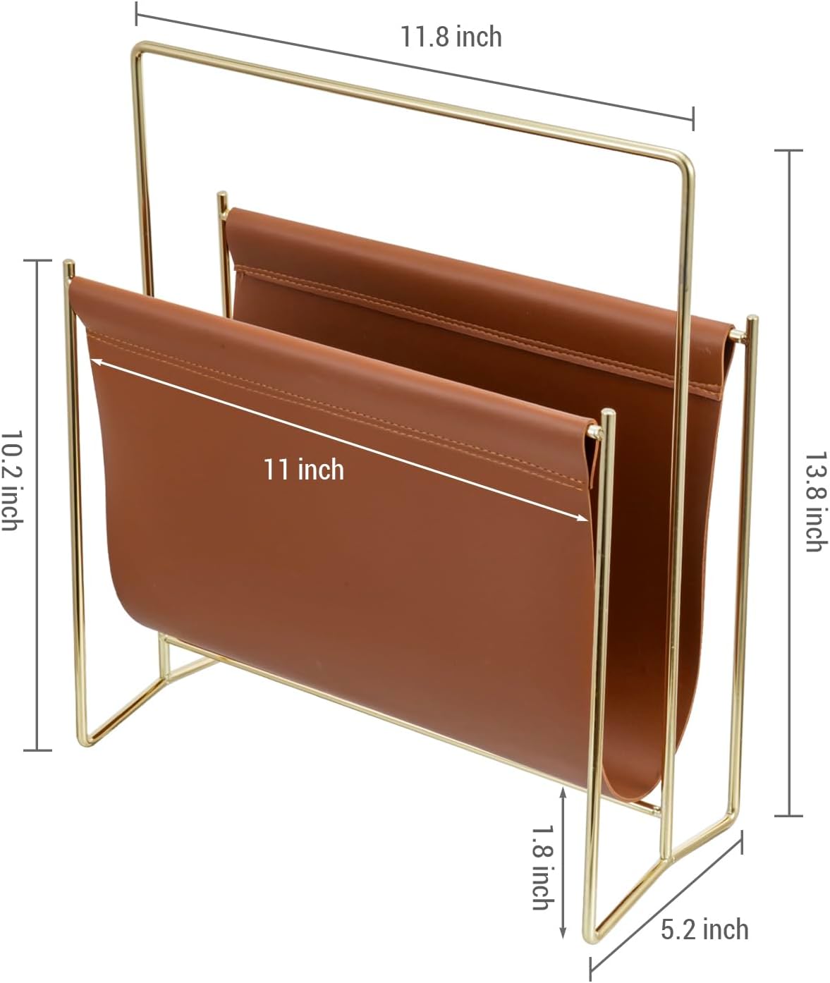 MyGift Caramel Leatherette Magazine Holder with Brass Metal Frame, 13 Inch