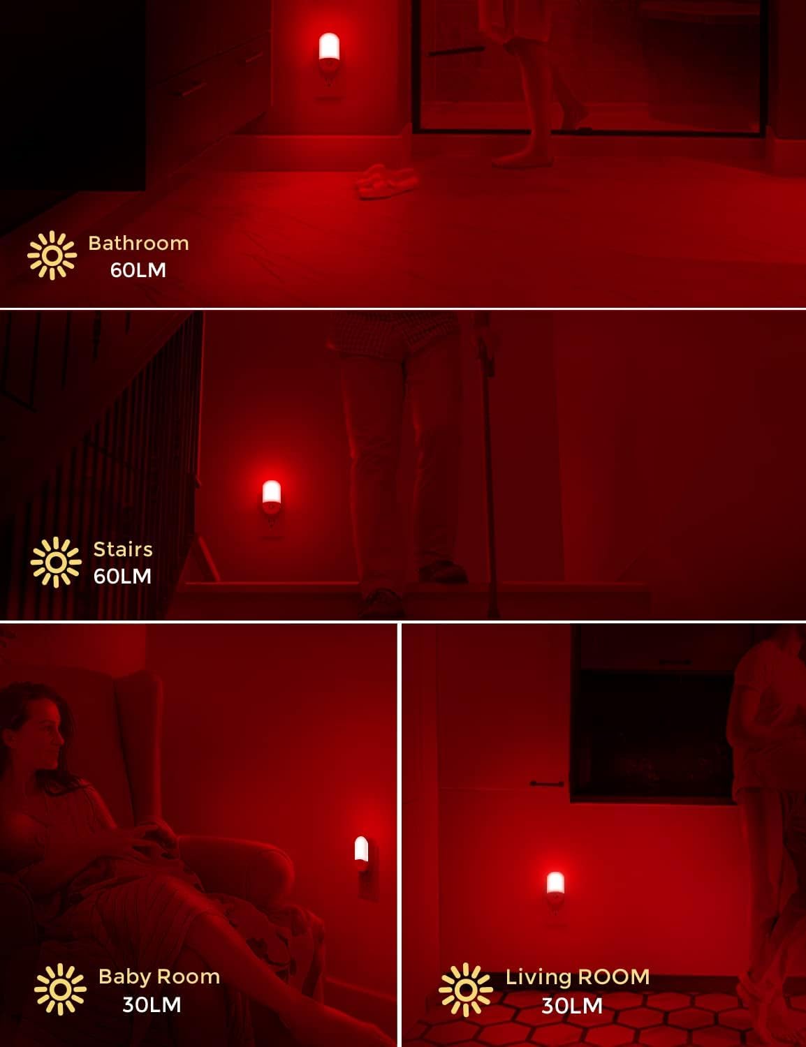 L LOHAS LED Motion Sensor Night Light, Sleep Aid Red, 30/60LM, 4 Pack