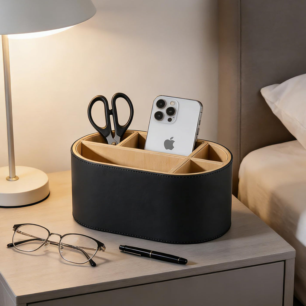 KINGFOM PU Leather Desk Organizer with Multi Compartments, Desktop Caddy Holder for Remote Controls, Pens, Makeup Brushes, Office Accessories (Black)