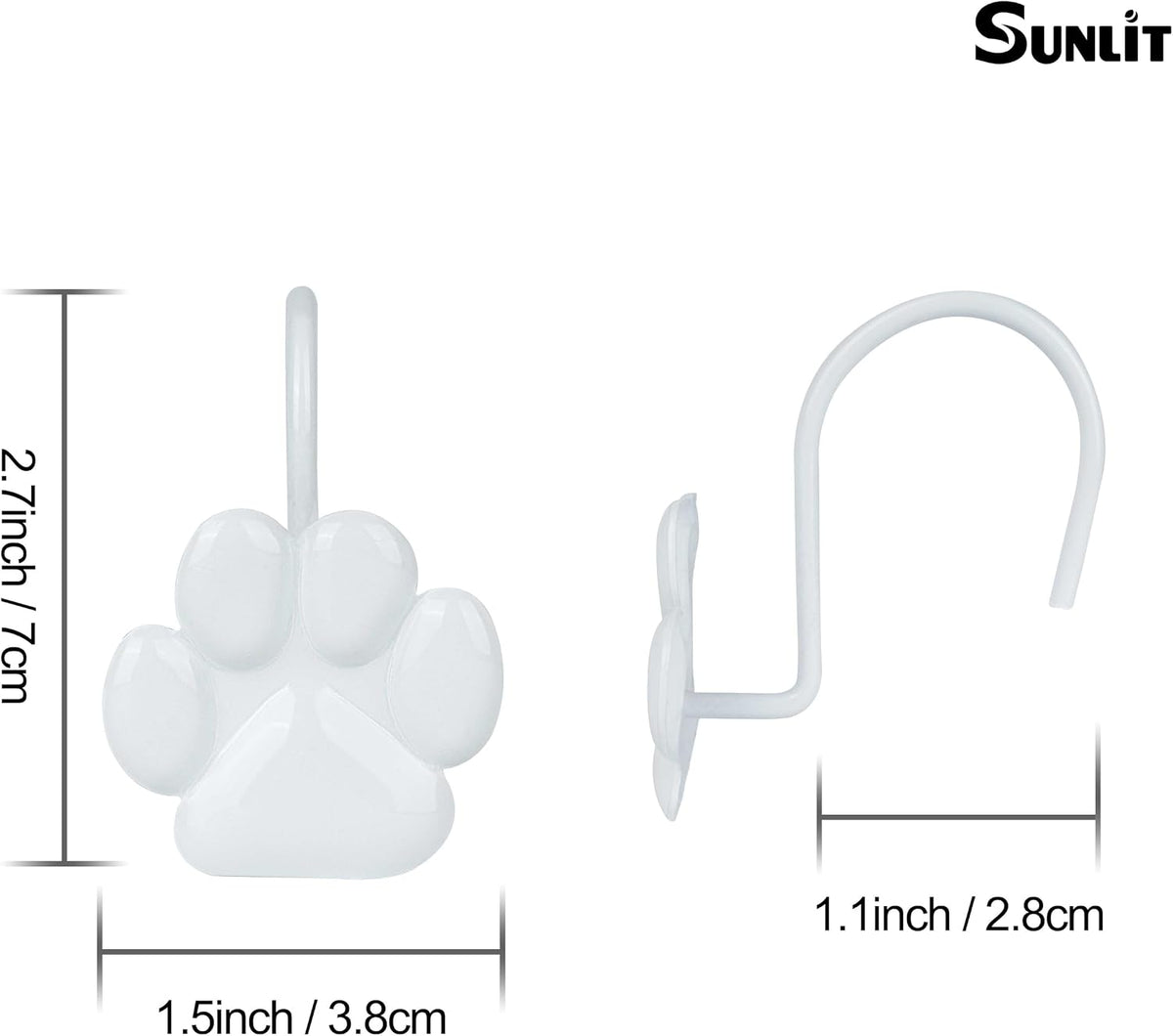 Sunlit Fashion Design Cute Paw Print Polished Shower Curtain Hooks for Dog Cat and Bear, Rust Proof Oil Rubbed Metal Shower Curtain Rings, White, 12 Pack