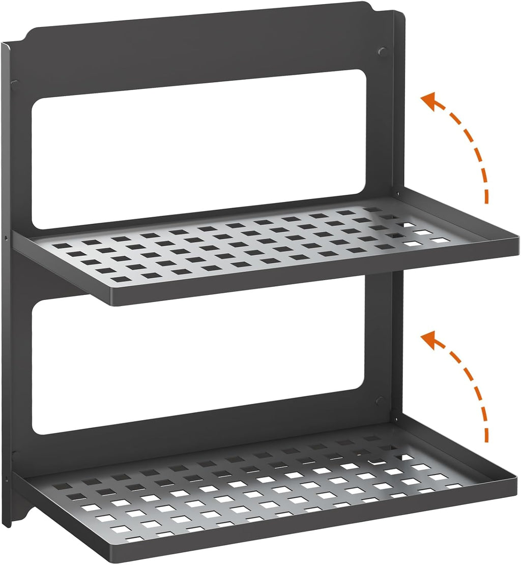 2-Tier Folding Metal Shelf Wall Mounted | Small Foldable Wall Shelf | Dorp Down | Combined Stackable | Double Layer Small Floating Shelf for Laundry Room Bathroom Utility RV | 13.4" (Black)