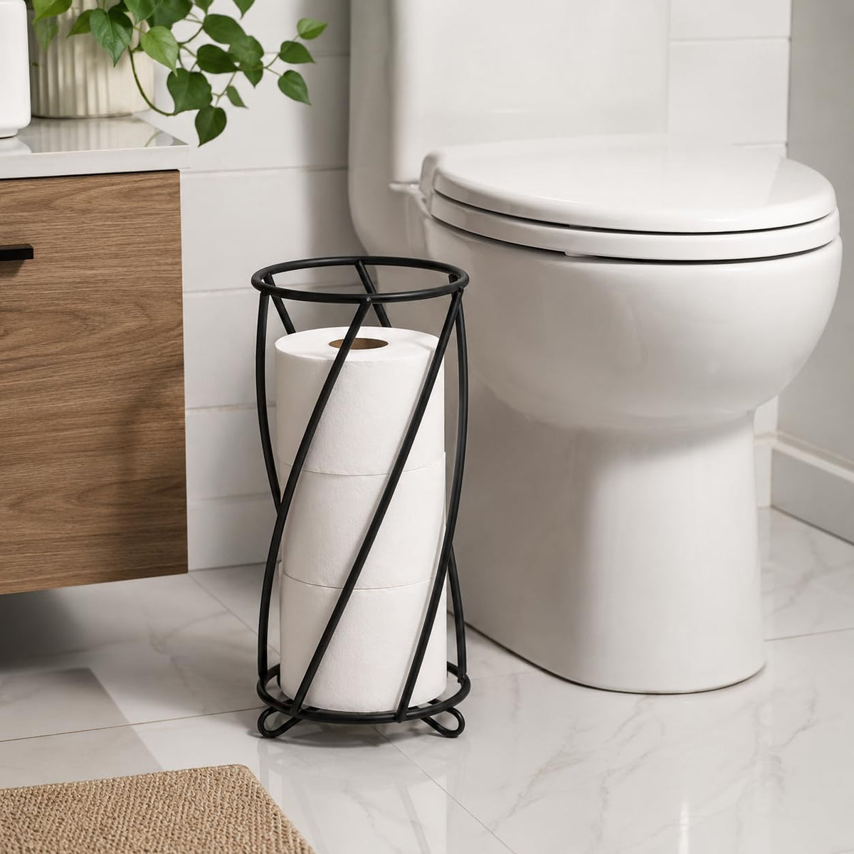 BROOKSTONE, Stylish Toilet Paper Holder, Freestanding Bathroom Tissue Organizer, Minimalistic Storage Solution, Modern Trending Design [Holds MEGA Rolls]