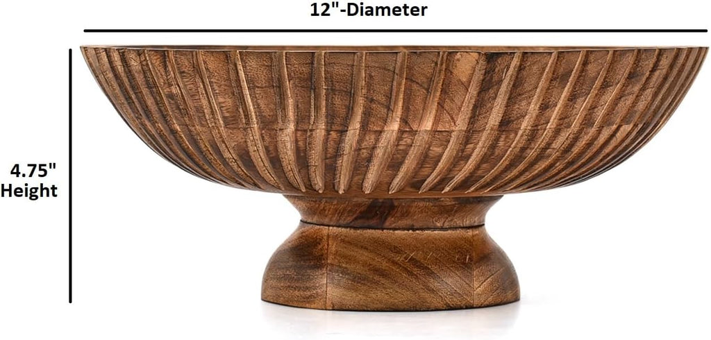 Kimona Fruit Bowl Mango Wood Round Rustic Wooden Stand for Fruits, Vegetables & Home Decor (12" x 12" x 4.75")
