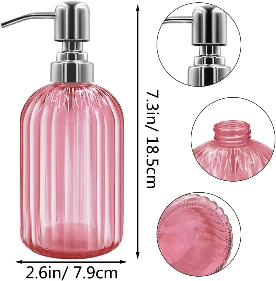 14 Oz Glass Soap Dispenser with 304 Rust Proof Stainless Steel Pump, Refillable Hand Liquid Soap Dispenser for Bathroom, Kitchen, Countertop, Laundry Room (Pink)