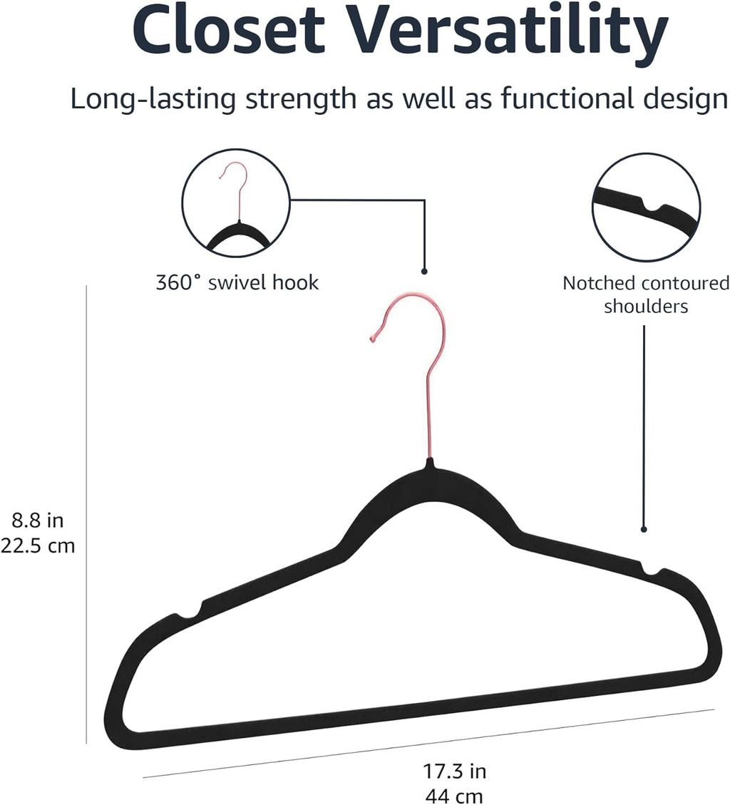 Amazon Basics Slim Velvet Non-Slip Space Saving Suit Clothes Hangers for Closet Organization, Black/Rose Gold, 50-Pack