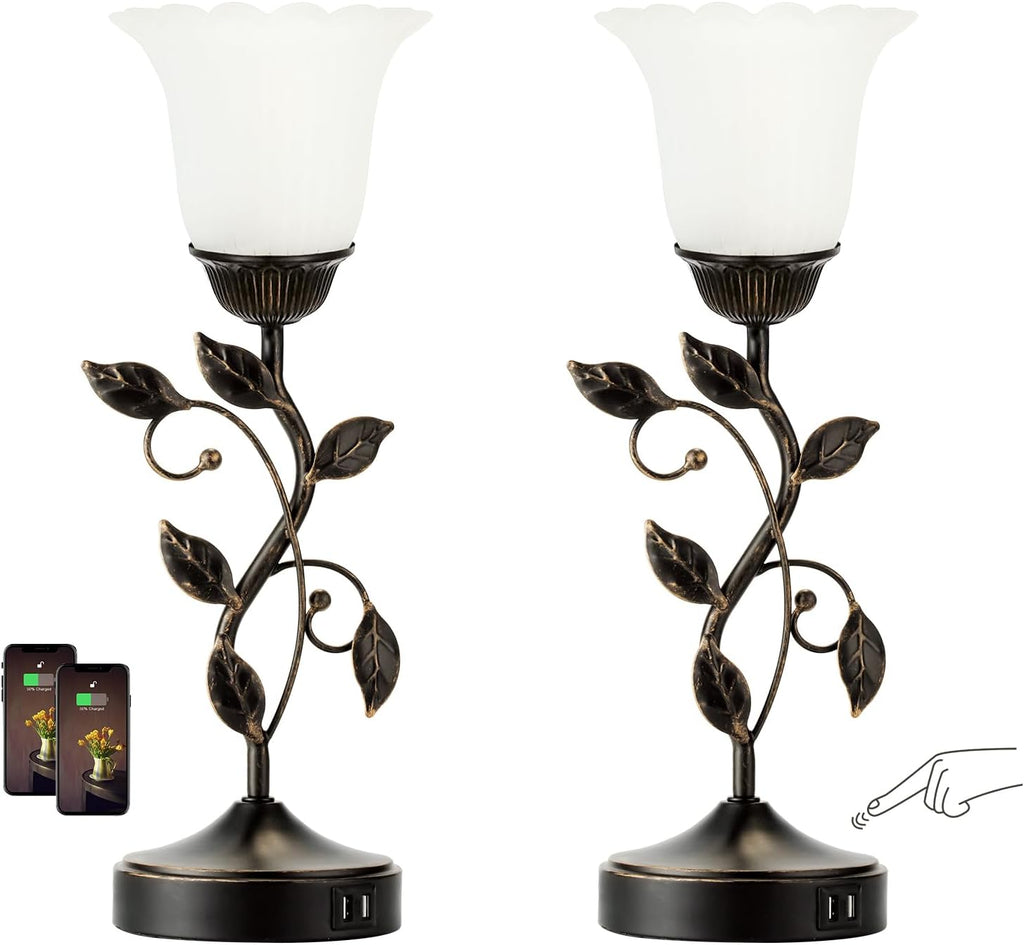 Set of 2 Touch Bedside Vintage Lamps with 2 USB C+A