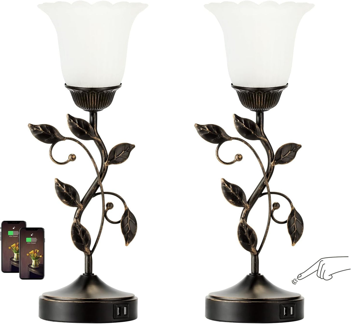 Set of 2 Touch Bedside Vintage Lamps with 2 USB C+A