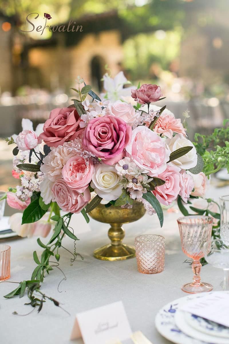 Serwalin Artificial Flowers Spring Pink Silk Roses Flower for Wedding Decor