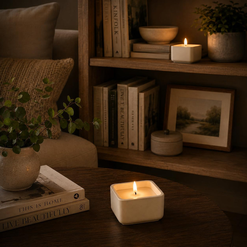 Flameless Candle - Square LED Candle with Real Wax in a Cement Base |Battery Operated, 500+ Hours | Housewarming Gift, Home Décor, Bathroom, Coffee Table (Ivory)