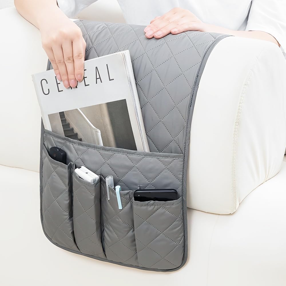 RETON Sofa Armrest Organizer 5 Pockets & 8 Hook‑and‑Loop Fasteners (Gray)