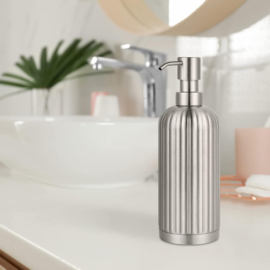 Countertop Soap Dispenser - Rust-Proof Roman Column Shaped Stainless Steel Bottle with Pump for Bathroom and Kitchen - 18 oz Brushed Nickel Liquid and Lotion Dish Soap Dispenser