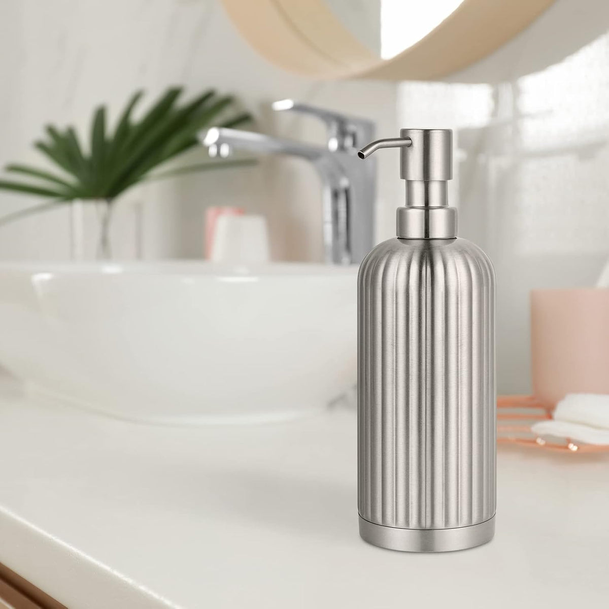 Countertop Soap Dispenser - Rust-Proof Roman Column Shaped Stainless Steel Bottle with Pump for Bathroom and Kitchen - 18 oz Brushed Nickel Liquid and Lotion Dish Soap Dispenser