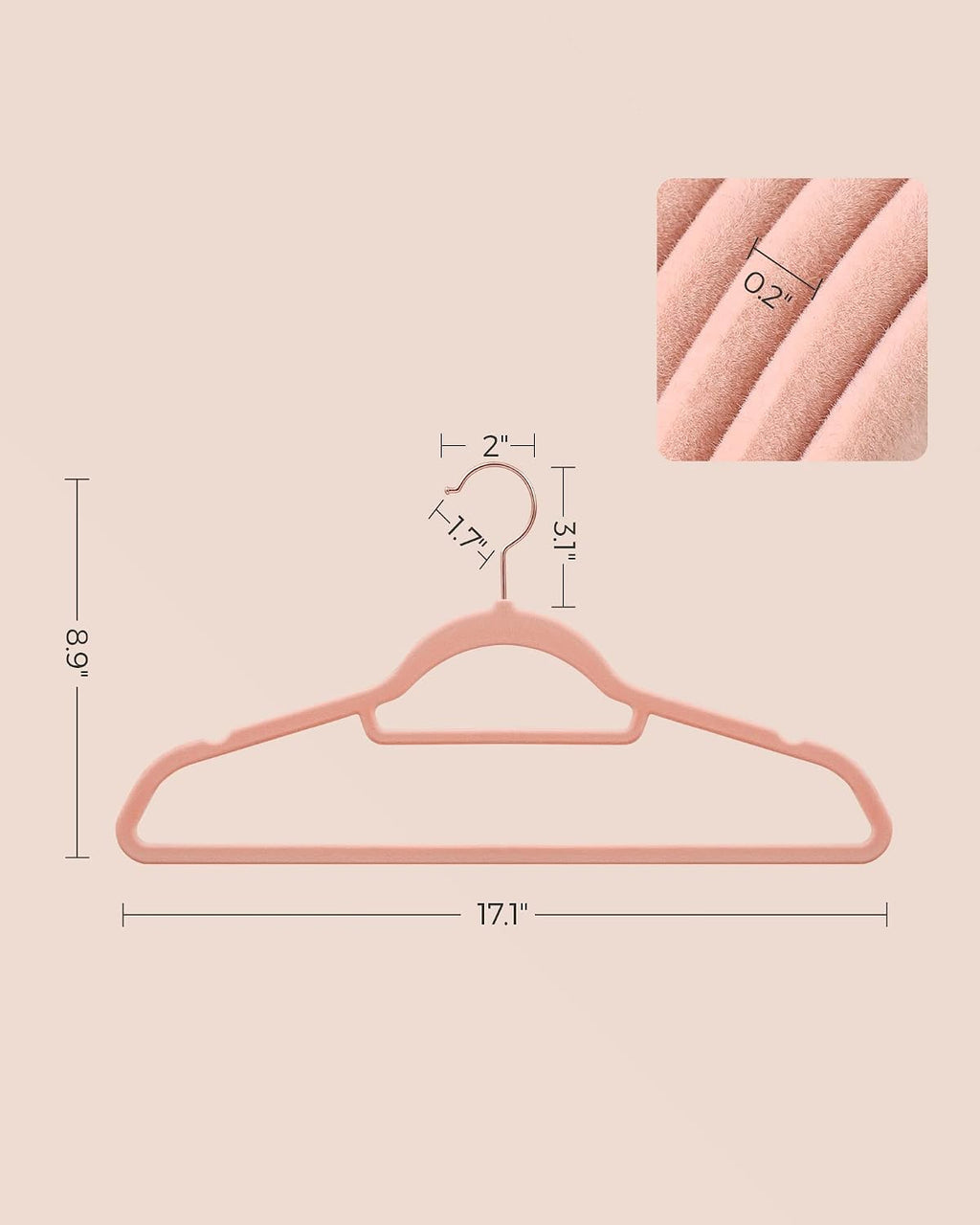 SONGMICS Velvet Hangers, Set of 50 with Tie Bar, Rose Gold Swivel Hook