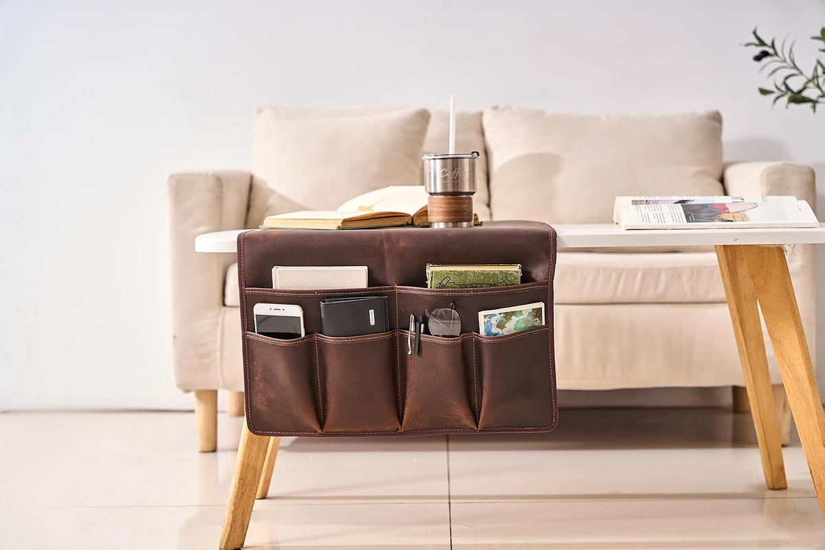EURYNOME Sofa Armrest Genuine Leather Storage Bag,Anti-Slip Sofa Organizer Pouch for Remote Control,Phone,ipad,Magazine,etc