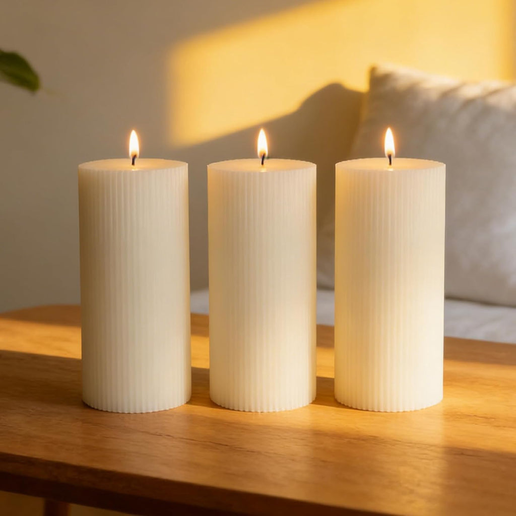 Ribbed Pillar Candles 3x6 Inch 3 Pack White Soy Candles