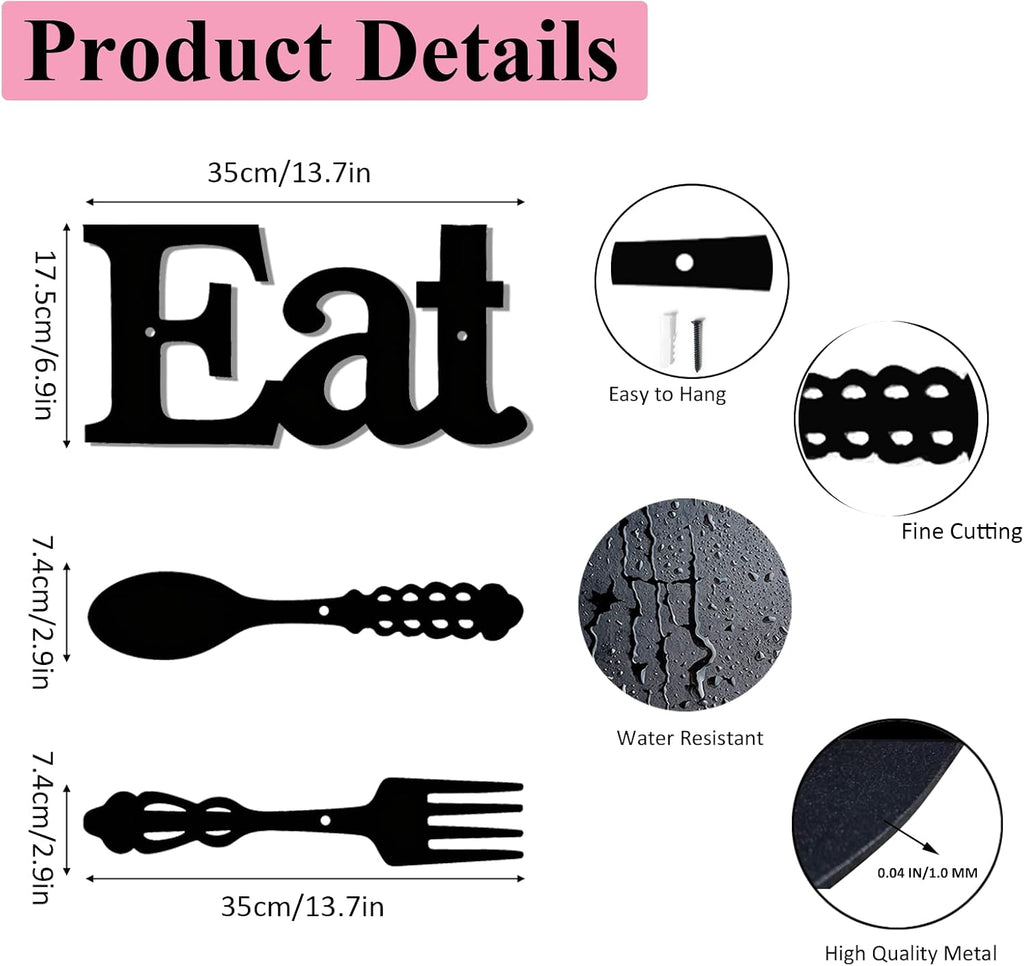 DUOOLN Metal Kitchen Eat Signs Wall Decor, Modern Kitchenware Line Art, Rustic Home Hanging Pictures Country Farmhouse Sign For Mardi Gras Easter Dining Room - Black