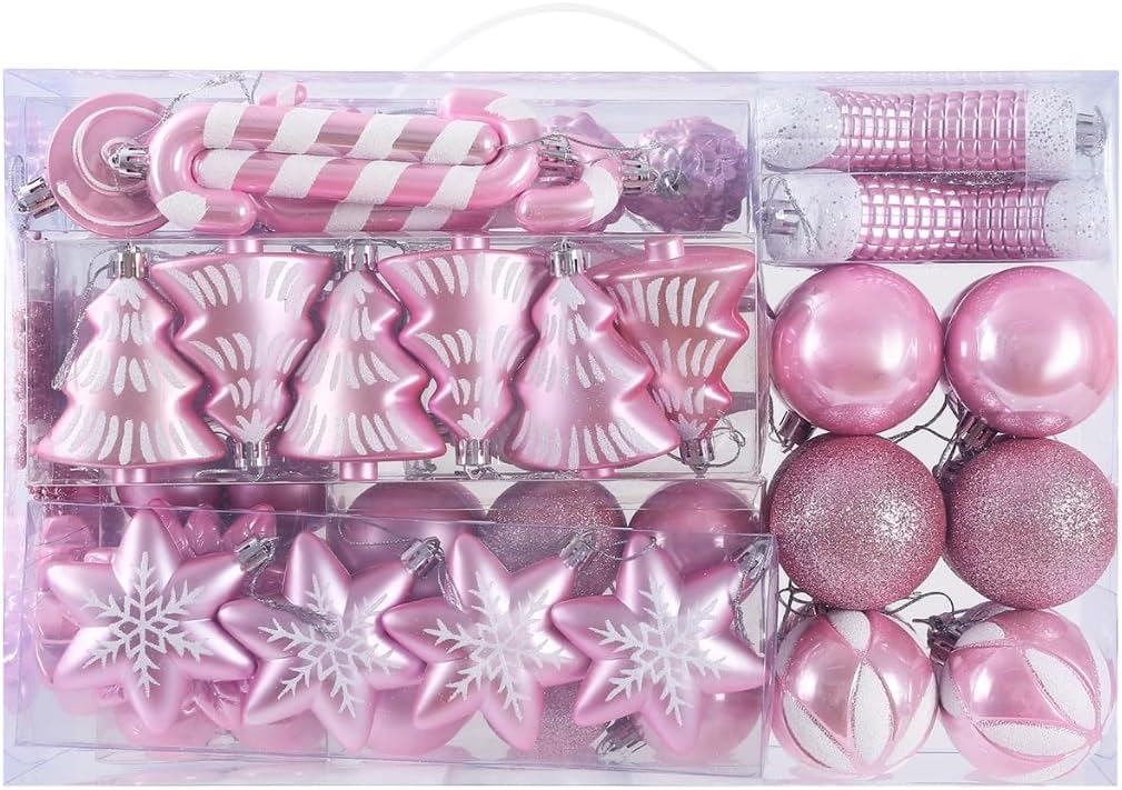 Sattiyrch 76ct Christmas Tree Ornaments Set,Pink Shatterproof Christmas Balls Decorations,Xmas Decorative Hanging Ornaments(Pink)