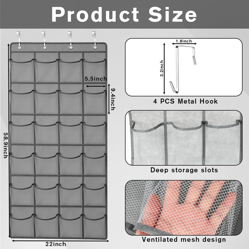 24 Pockets Over the Door Shoe Organizer, Breathable Mesh Hanging Shoe Rack
