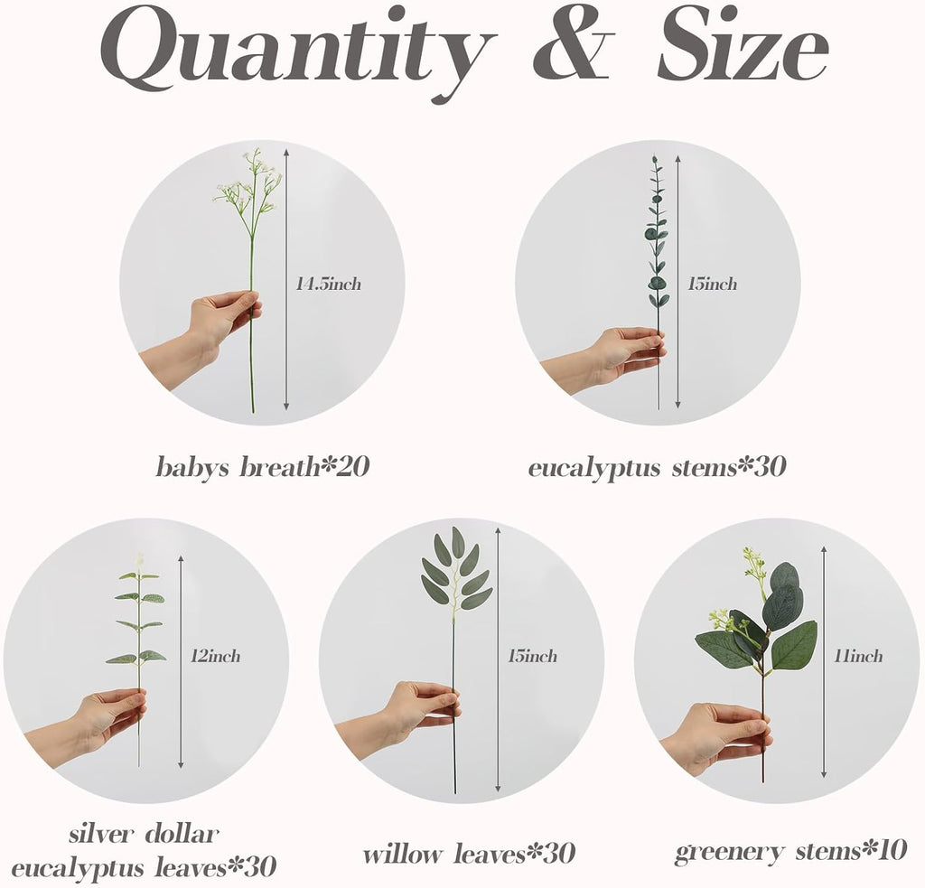 N&T NIETING 120Pcs Artificial Mixed Eucalyptus Stems Leaves Bulk, Faux Greenery Stems Branches with Baby Breath Silver Dollar Fake Eucalyptus Sprays for Wedding Decor Vase Bouquet Floral Arrangement