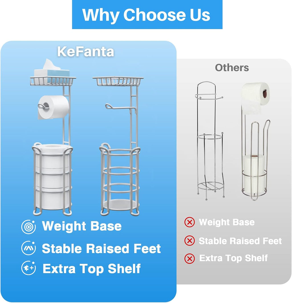 Toilet Paper Holder Stand with Shelf for Phone, Free Standing Tissue Roll Storage and Dispenser Rack for 4 Mega Rolls, Silver Gray