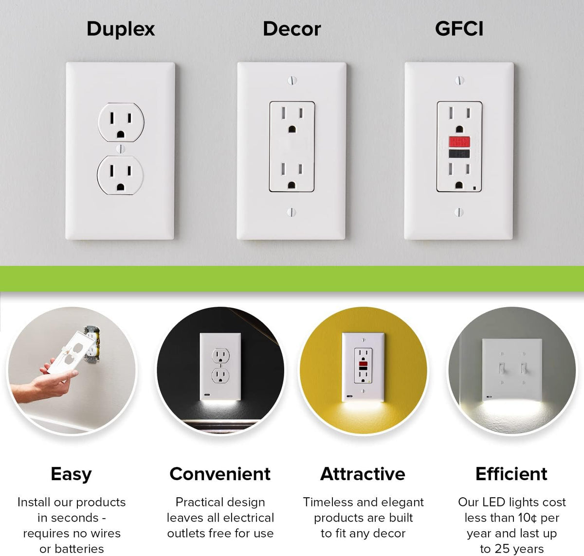 3 Pack - SnapPower GuideLight [for GFCI Outlets Only] - Night Light - Electrical Outlet Wall Plate With LED Night Lights - Automatic On/Off Sensor - (GFCI, Black)